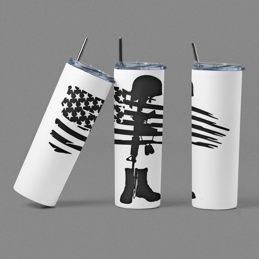 Tribute Fallen Soldier - 20 oz Insulated Stainless Steel Tumbler with Plastic Leak Resistant Lid and Metal Straw with Straw Cleaning Brush included