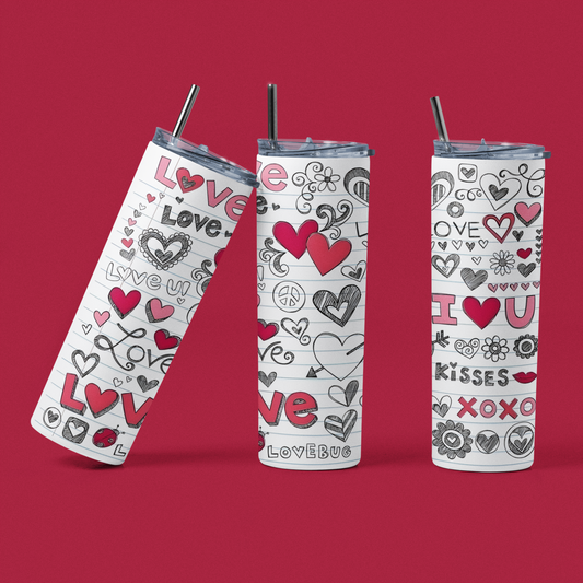 Love Struck Scribbles - 20 oz Insulated Stainless Steel Tumbler with Plastic Leak Resistant Lid and Metal Straw with Straw Cleaning Brush included