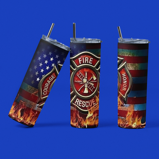 Fire Fighters US - 20 oz Insulated Stainless Steel Tumbler with Plastic Leak Resistant Lid and Metal Straw with Straw Cleaning Brush included