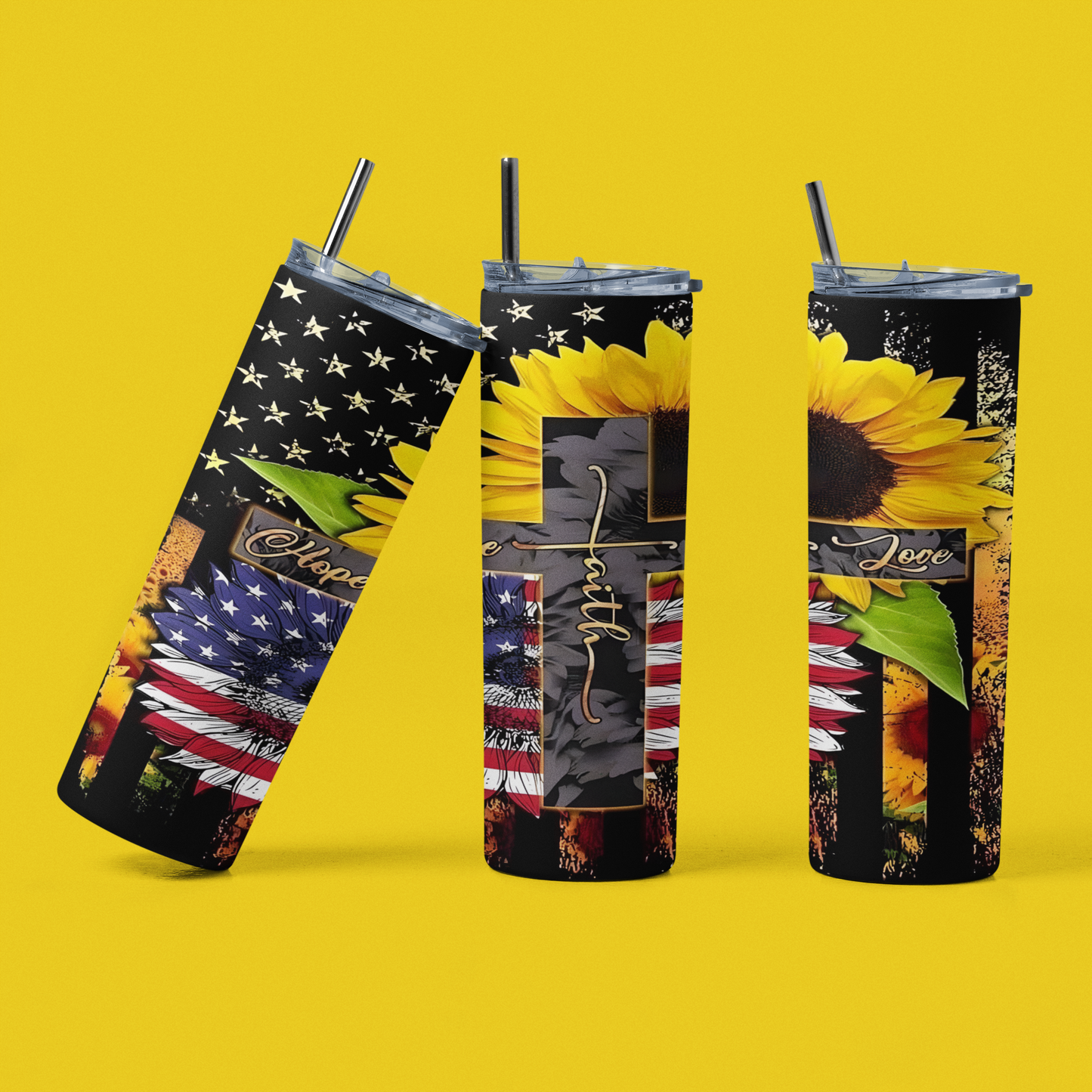 Cross Flag Sunflowers - 20 oz Insulated Stainless Steel Tumbler with Plastic Leak Resistant Lid and Metal Straw with Straw Cleaning Brush included