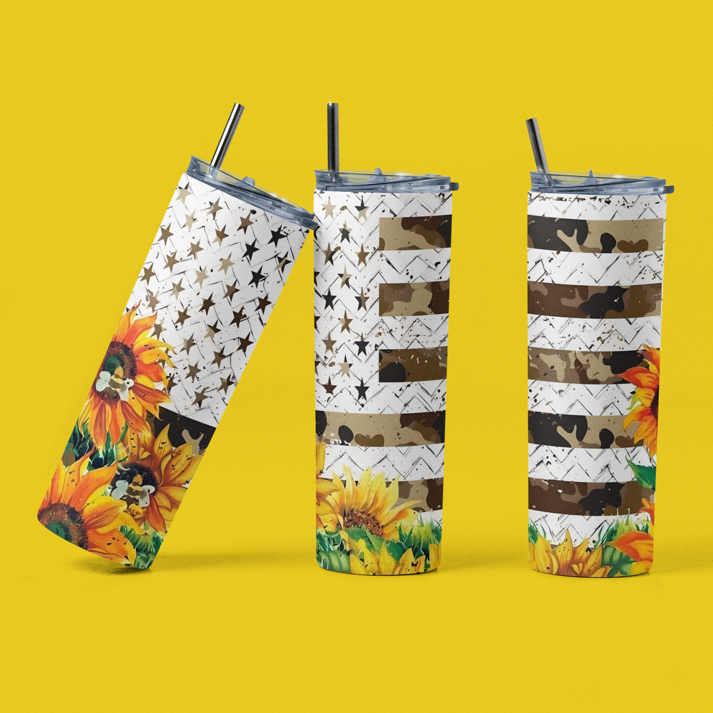 Sunflower Flag Camo - 20 oz Insulated Stainless Steel Tumbler with Plastic Leak Resistant Lid and Metal Straw with Straw Cleaning Brush included