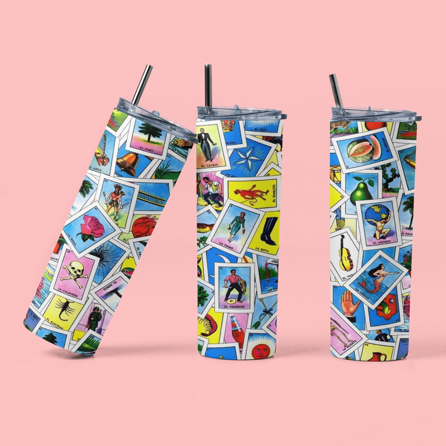 El Loteria - 20 oz Insulated Stainless Steel Tumbler with Plastic Leak Resistant Lid and Metal Straw with Straw Cleaning Brush included