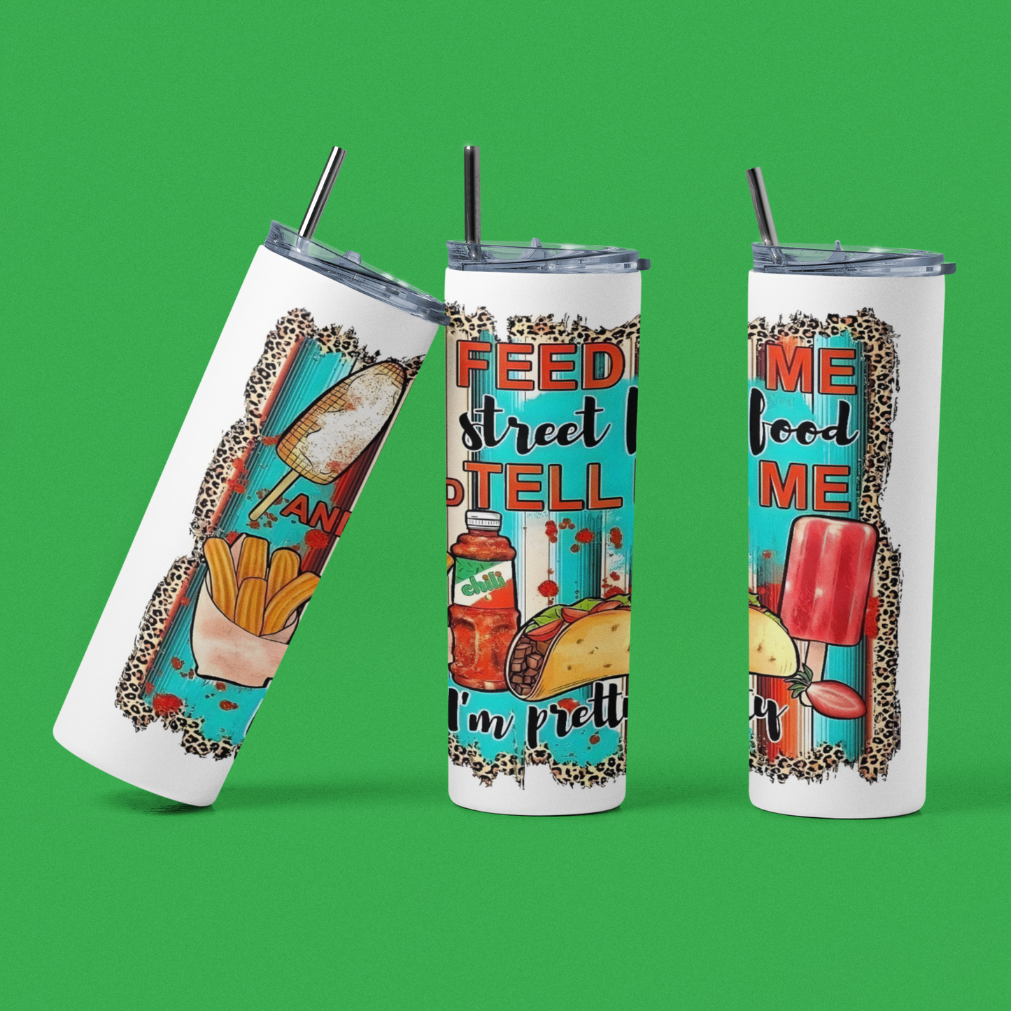 Feed Me Street Food - 20 oz Insulated Stainless Steel Tumbler with Plastic Leak Resistant Lid and Metal Straw with Straw Cleaning Brush included