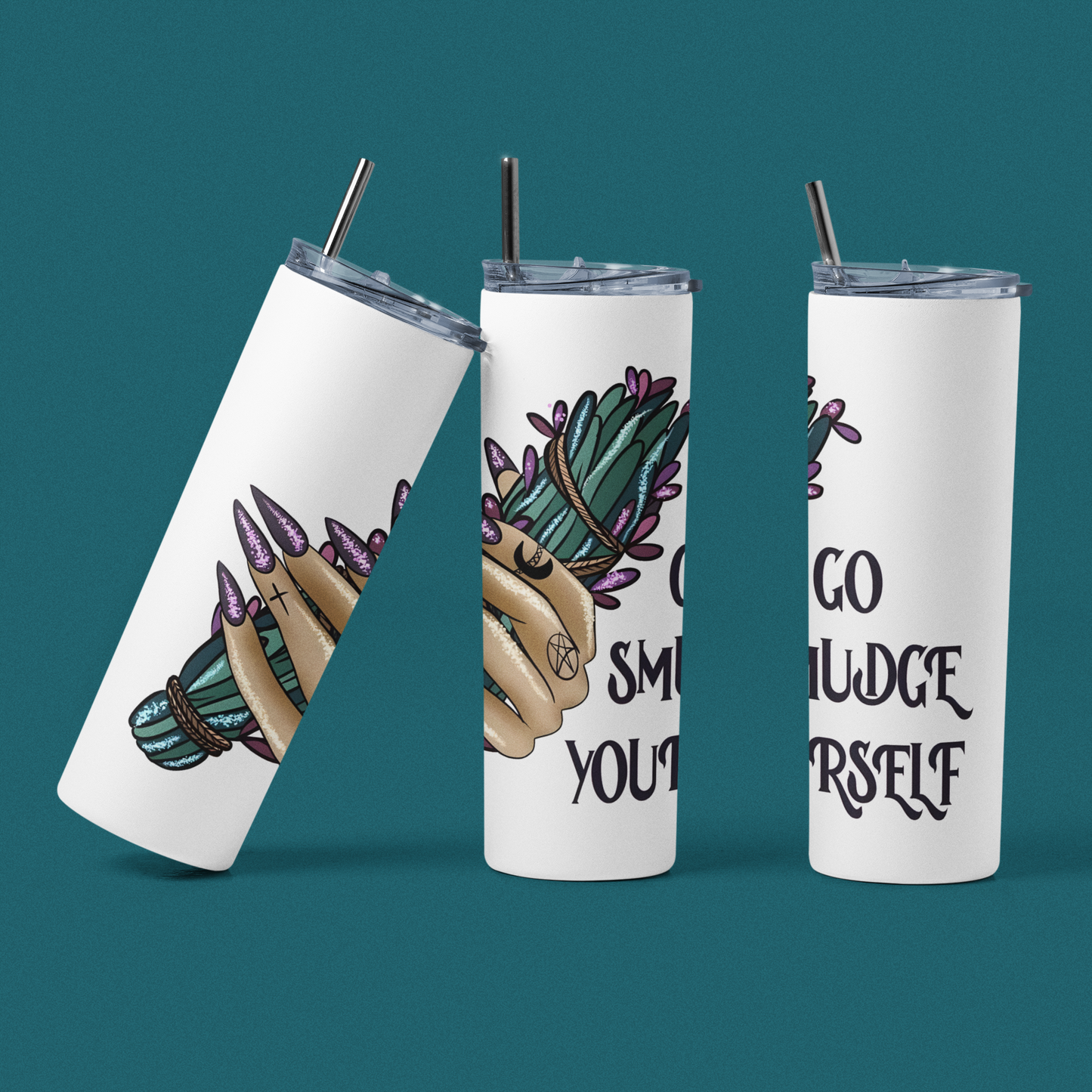 Go Smudge Yourself - 20 oz Insulated Stainless Steel Tumbler with Plastic Leak Resistant Lid and Metal Straw with Straw Cleaning Brush included