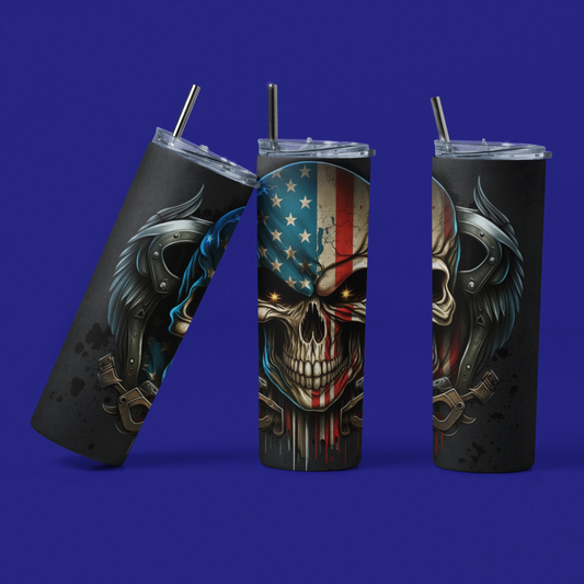 Skull Warrior - 20 oz Insulated Stainless Steel Tumbler with Plastic Leak Resistant Lid and Metal Straw with Straw Cleaning Brush included