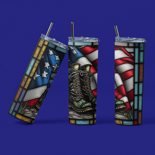 Stained Glass Boots - 20 oz Insulated Stainless Steel Tumbler with Plastic Leak Resistant Lid and Metal Straw with Straw Cleaning Brush included