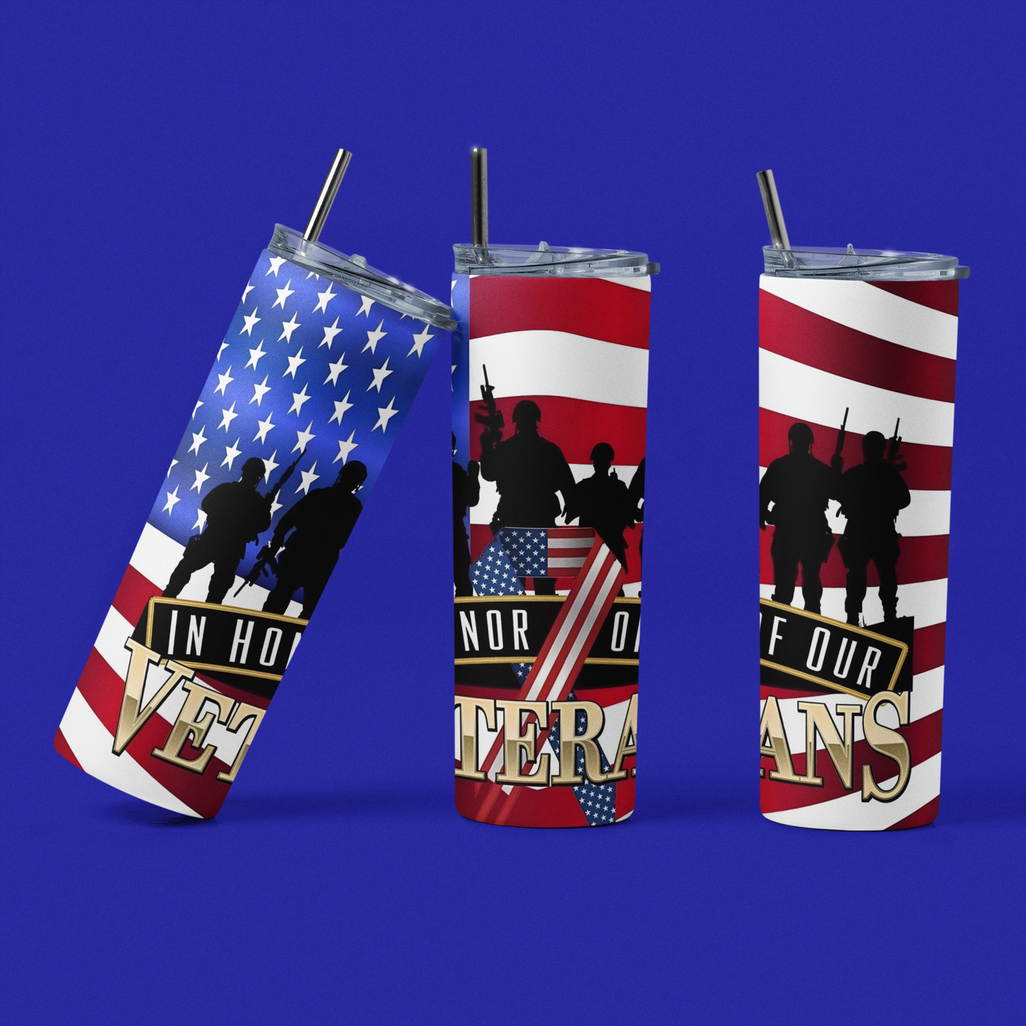 In Honor of Our Veterans - 20 oz Insulated Stainless Steel Tumbler with Plastic Leak Resistant Lid and Metal Straw with Straw Cleaning Brush included