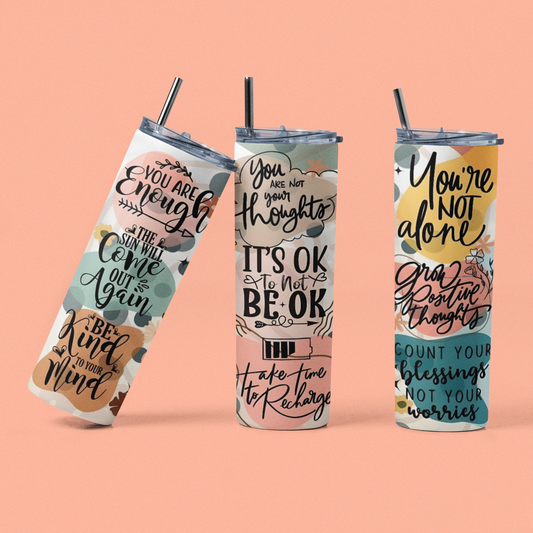 It's Ok To Not Be Ok - 20 oz Insulated Stainless Steel Tumbler with Plastic Leak Resistant Lid and Metal Straw with Straw Cleaning Brush included