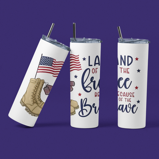 Land of the Free Because of the Brave - 20 oz Insulated Stainless Steel Tumbler with Plastic Leak Resistant Lid and Metal Straw with Straw Cleaning Brush included