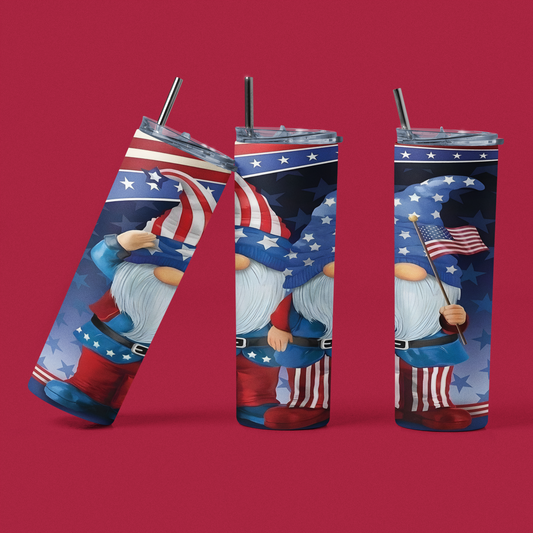 Gnomes Salute America - 20 oz Insulated Stainless Steel Tumbler with Plastic Leak Resistant Lid and Metal Straw with Straw Cleaning Brush included