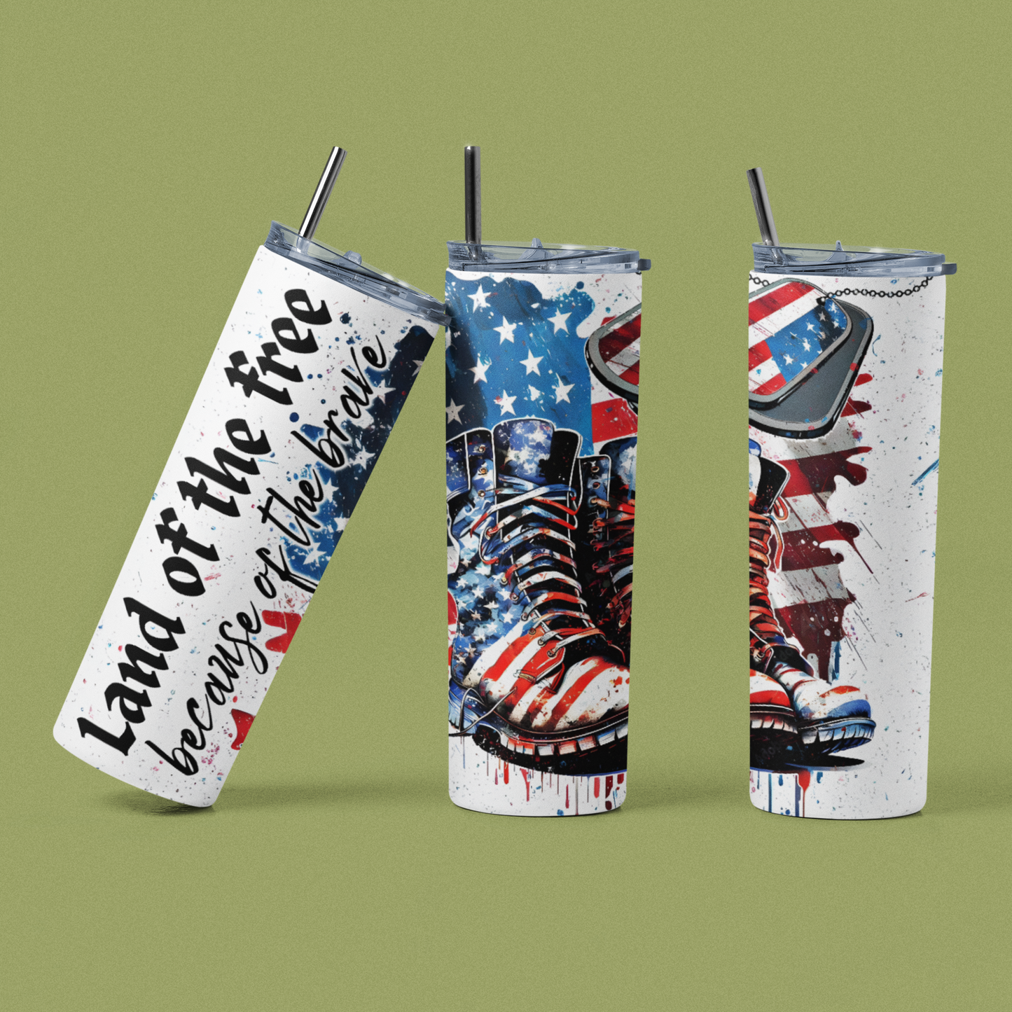 Land Of The Free - 20 oz Insulated Stainless Steel Tumbler with Plastic Leak Resistant Lid and Metal Straw with Straw Cleaning Brush included