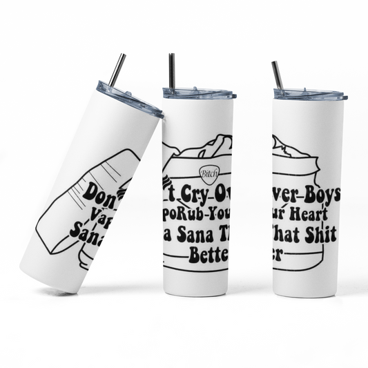 Don't Cry Over Boys Sana - 20 oz Insulated Stainless Steel Tumbler with Plastic Leak Resistant Lid and Metal Straw with Straw Cleaning Brush included