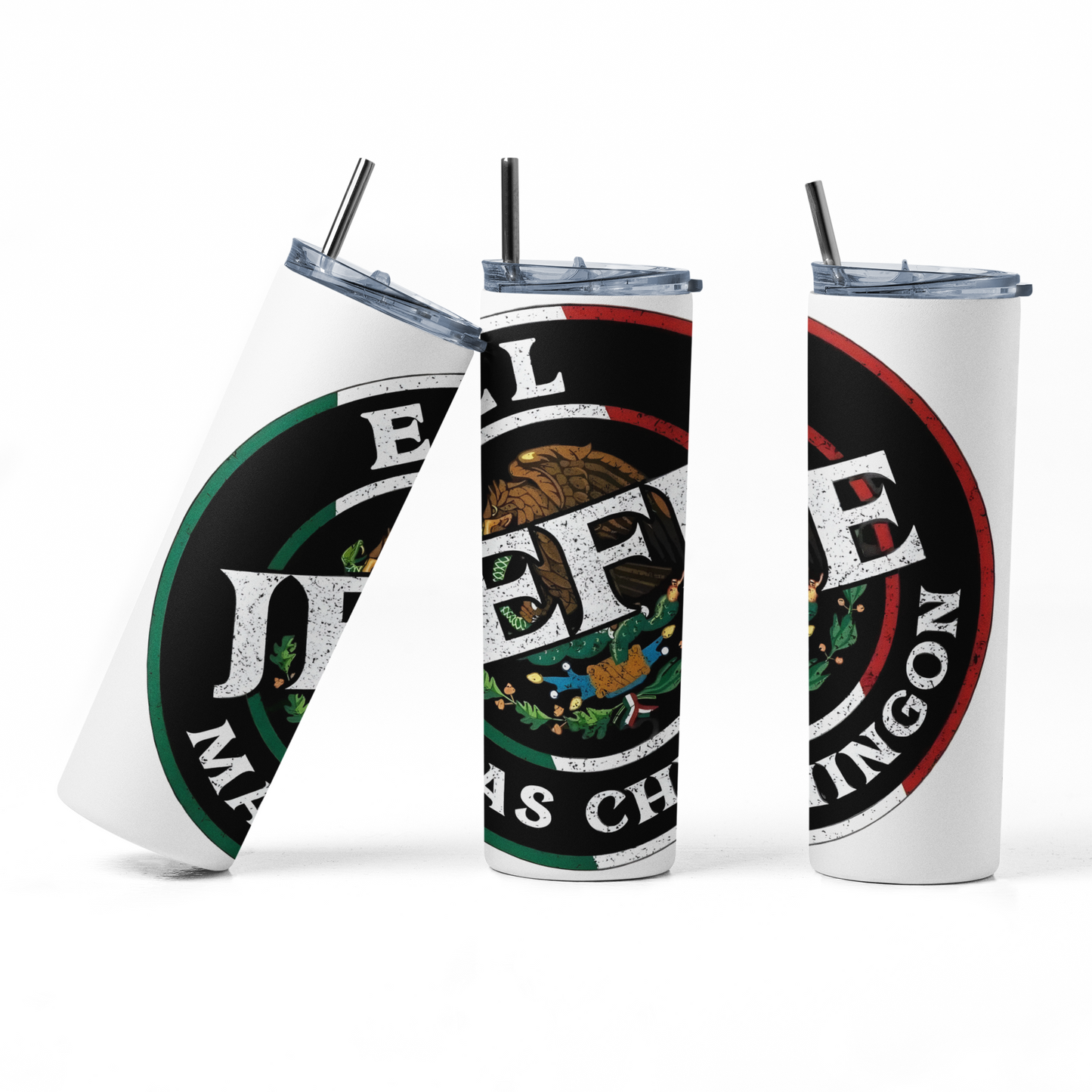 El Jefe Blanco - 20 oz Insulated Stainless Steel Tumbler with Plastic Leak Resistant Lid and Metal Straw with Straw Cleaning Brush included