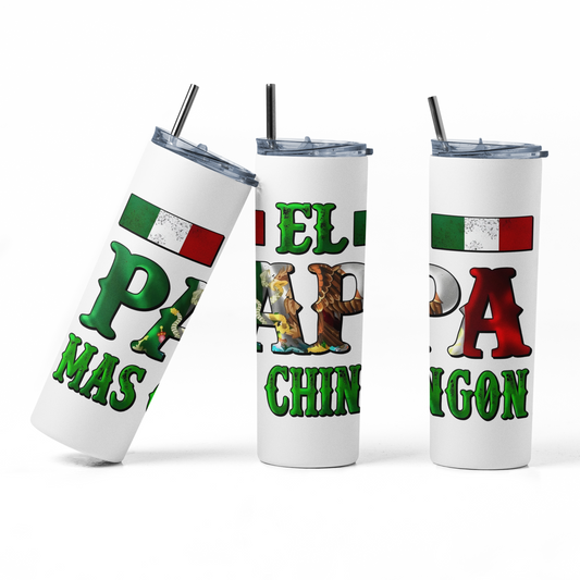 El Papa Mex - 20 oz Insulated Stainless Steel Tumbler with Plastic Leak Resistant Lid and Metal Straw with Straw Cleaning Brush included