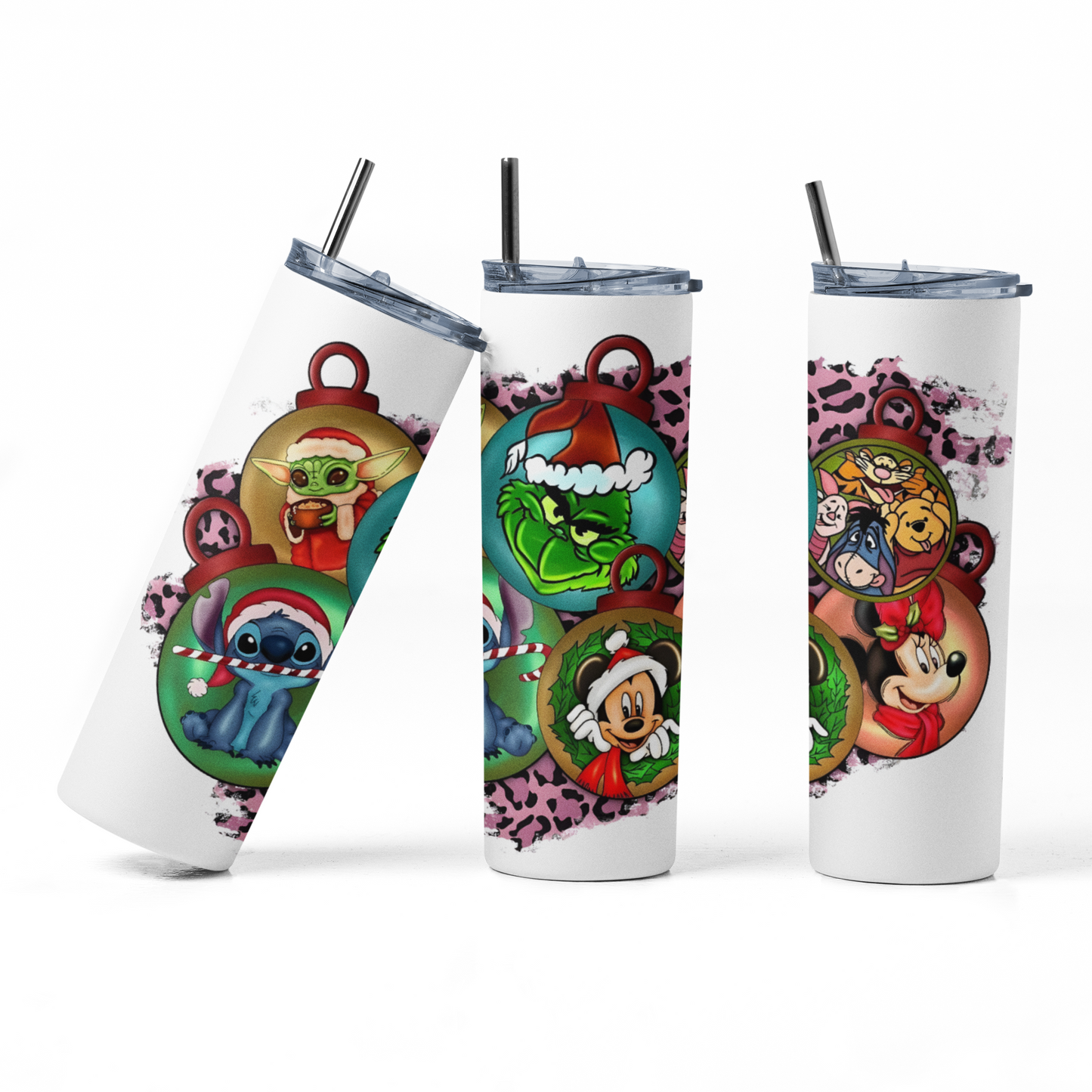 Christmas Balls Cartoons - 20 oz Insulated Stainless Steel Tumbler with Plastic Leak Resistant Lid and Metal Straw with Straw Cleaning Brush included