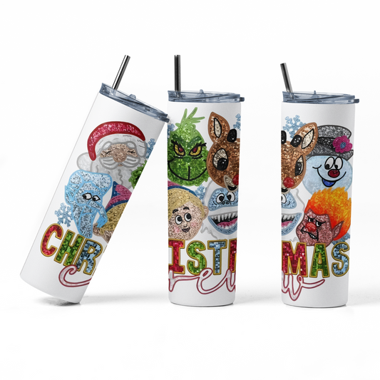 Christmas Crew Glitter - 20 oz Insulated Stainless Steel Tumbler with Plastic Leak Resistant Lid and Metal Straw with Straw Cleaning Brush included