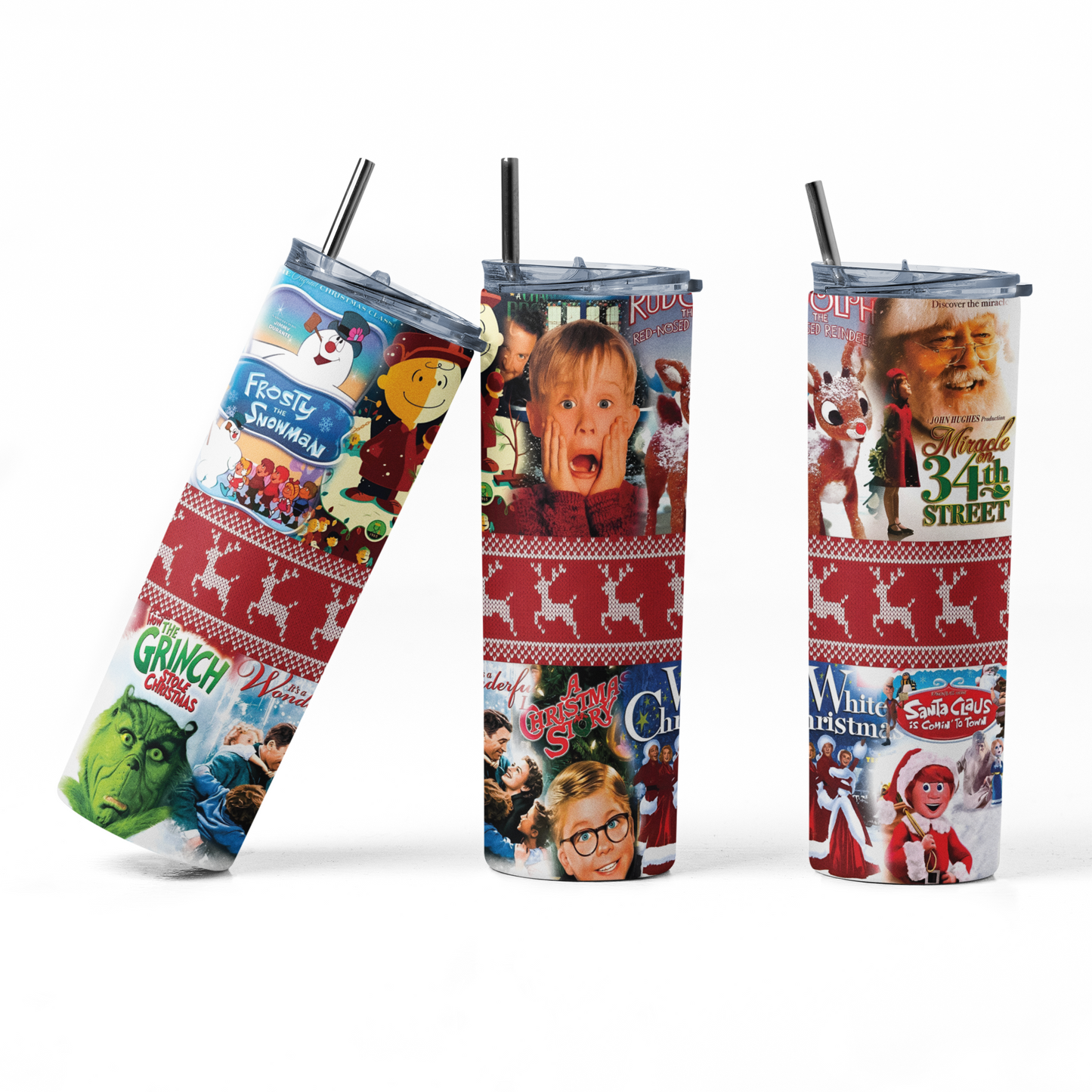 Christmas Movie Classics - 20 oz Insulated Stainless Steel Tumbler with Plastic Leak Resistant Lid and Metal Straw with Straw Cleaning Brush included