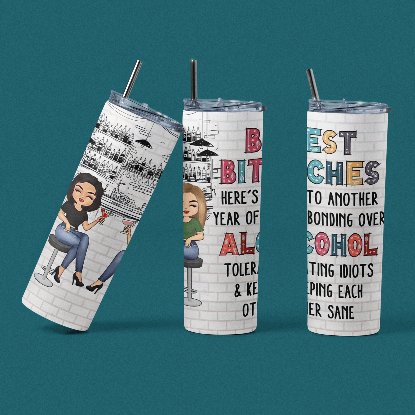 Besties - Vaso aislado de acero inoxidable de 20 oz con tapa de plástico resistente a fugas y pajita de metal con cepillo de limpieza para pajitas incluido