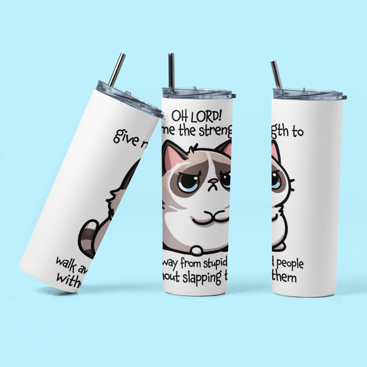 Cat Give Me Strength - 20 oz Insulated Stainless Steel Tumbler with Plastic Leak Resistant Lid and Metal Straw with Straw Cleaning Brush included