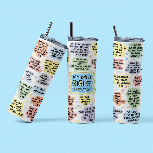 Daily Bible Affirmations - 20 oz Insulated Stainless Steel Tumbler with Plastic Leak Resistant Lid and Metal Straw with Straw Cleaning Brush included