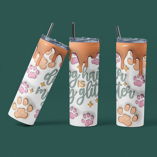 Dog Hair Is My Glitter 3D - 20 oz Insulated Stainless Steel Tumbler with Plastic Leak Resistant Lid and Metal Straw with Straw Cleaning Brush included