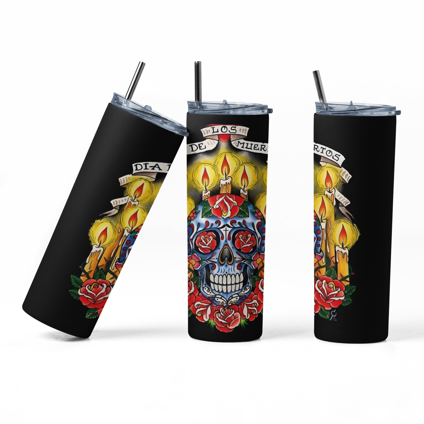 Los Dia De Los Muertos Candelas - 20 oz Insulated Stainless Steel Tumbler with Plastic Leak Resistant Lid and Metal Straw with Straw Cleaning Brush included