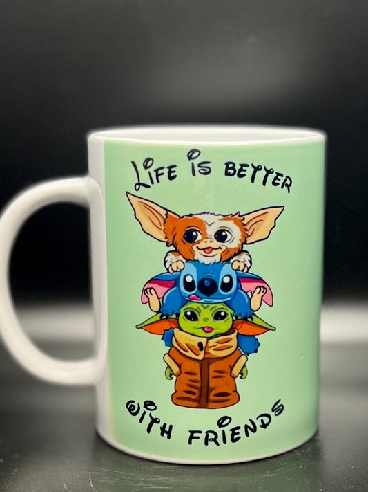 Life Is Better With Friends - Taza de cerámica de 15 oz con revestimiento esmaltado y asa. diseño impreso en ambos lados