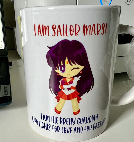 Sailor Mars - Chibi - 15 oz Ceramic Mug Enamel Coated with handle. design printed on both sides