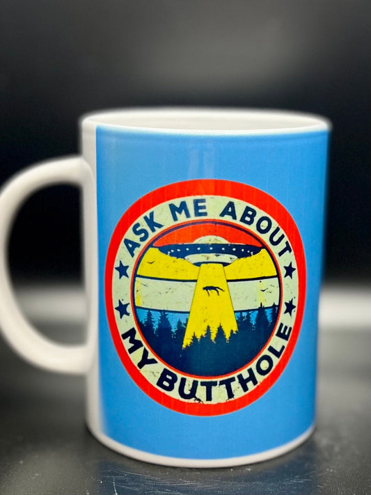 Ask Me About My Alien Encounter - 15 oz Ceramic Mug Enamel Coated with handle. design printed on both sides