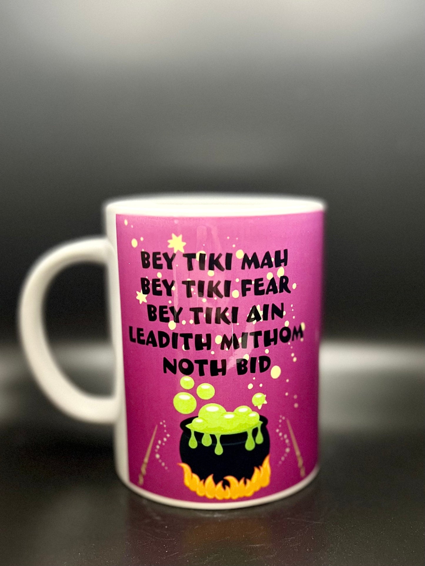 Bey Tiki Mah - Halloweentown - 15 oz Ceramic Mug Enamel Coated with handle. design printed on both sides