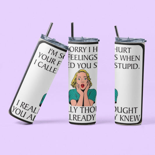 Sorry I Hurt Your Feelings - 20oz Insulated Stainless Steel Tumbler with Plastic Leak Resistant Lid and Metal Straw with Straw Cleaning Brush included