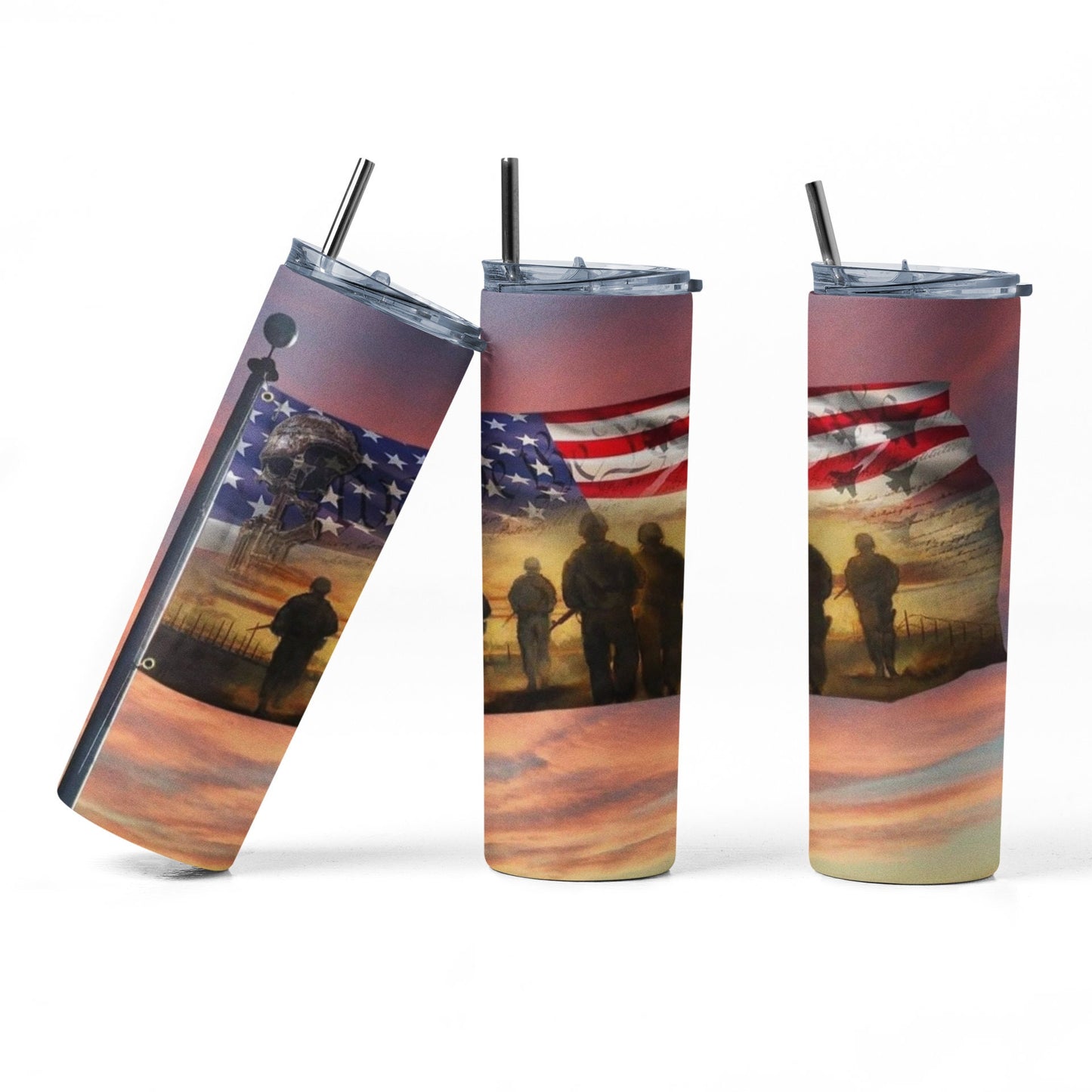 Flag with Troops - 20 oz Insulated Stainless Steel Tumbler with Plastic Leak Resistant Lid and Metal Straw with Straw Cleaning Brush included