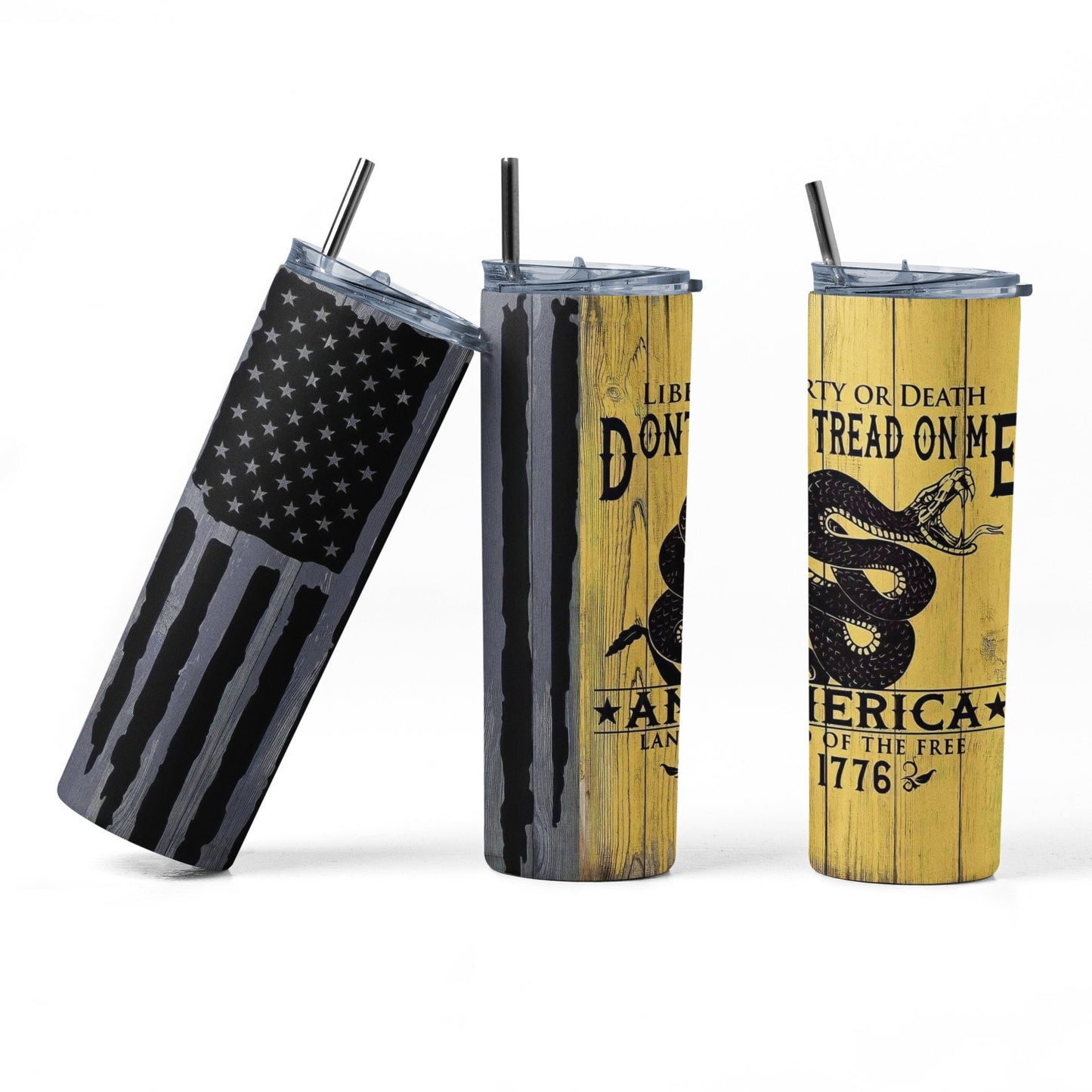 Bandera Don't Tread On Me – Vaso de acero inoxidable aislado de 20 oz con tapa de plástico resistente a fugas y pajita de metal con cepillo de limpieza de pajita incluido