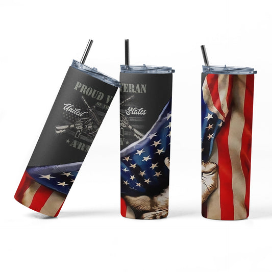 Army Veteran Behind Flag - 20 oz Insulated Stainless Steel Tumbler with Plastic Leak Resistant Lid and Metal Straw with Straw Cleaning Brush included