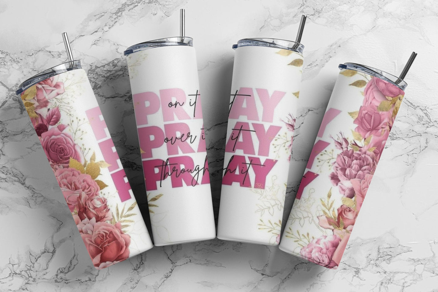 Pray On It, Pray Over It, Pray Through It - Vaso aislado de acero inoxidable de 20 oz con tapa de plástico resistente a fugas y pajita de metal con cepillo de limpieza para pajitas incluido