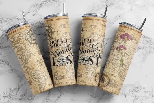 Not All Who Wander Are Lost -20oz Insulated Stainless Steel Tumbler with Plastic Leak Resistant Lid and Metal Straw with Straw Cleaning Brush included