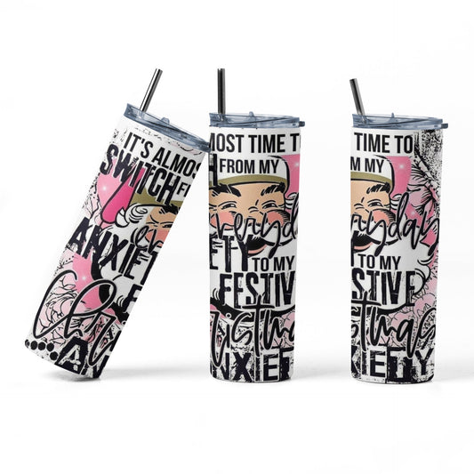 Festive Anxiety - 20 oz Insulated Stainless Steel Tumbler with Plastic Leak Resistant Lid and Metal Straw with Straw Cleaning Brush included