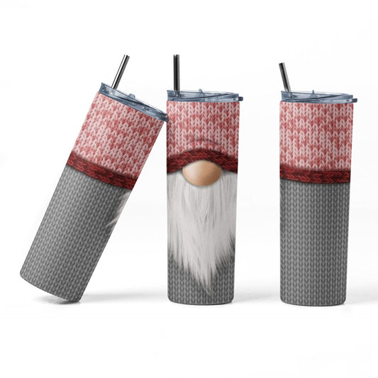 Gnome Sweater - Red&Gray - 20 oz Insulated Stainless Steel Tumbler with Plastic Leak Resistant Lid and Metal Straw with Straw Cleaning Brush included