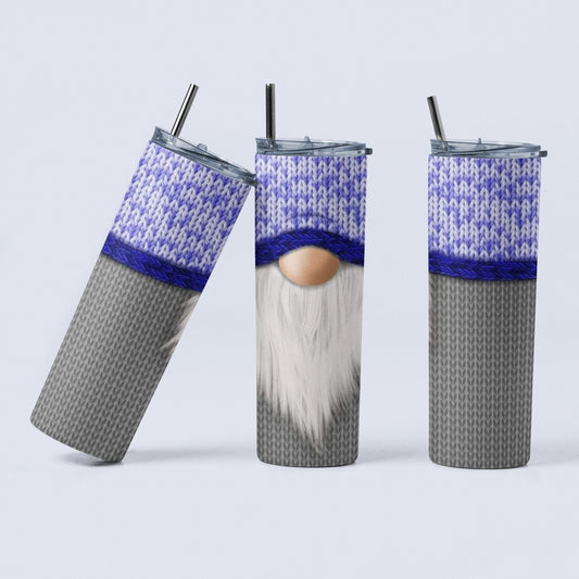 Gnome Sweater - Blue & Gray - 20 oz Insulated Stainless Steel Tumbler with Plastic Leak Resistant Lid and Metal Straw with Straw Cleaning Brush included