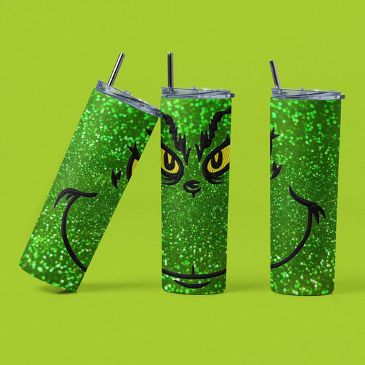 Grinch Face Glitter - Vaso de acero inoxidable aislado de 20 oz con tapa de plástico resistente a fugas y pajita de metal con cepillo de limpieza de pajita incluido