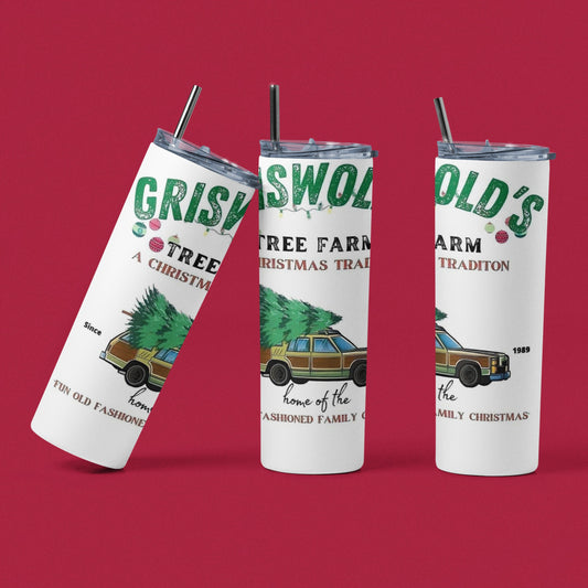 Griswold's Tree Farm - Vaso aislado de acero inoxidable de 20 oz con tapa de plástico resistente a fugas y pajita de metal con cepillo de limpieza de pajita incluido