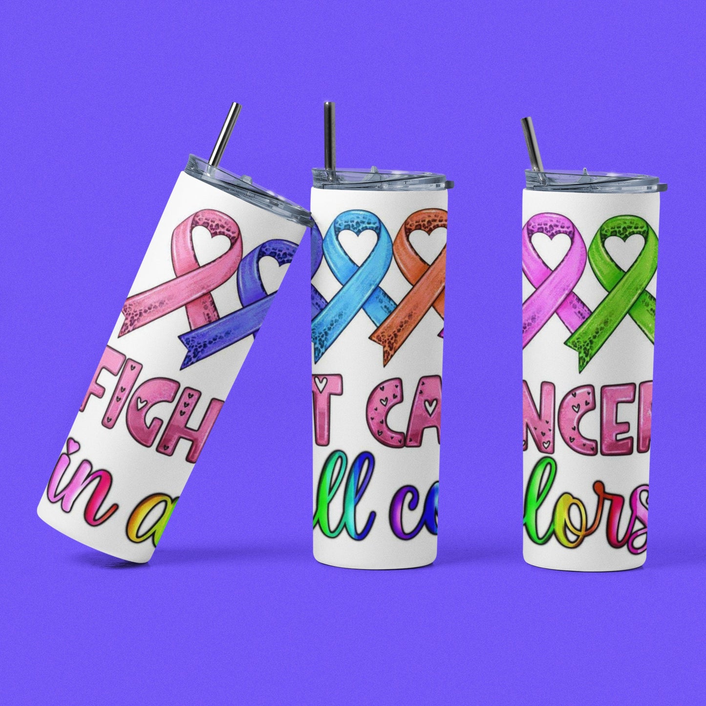 Fight Cancer in All Colors - 20oz Insulated Stainless Steel Tumbler with Plastic Leak Resistant Lid and Metal Straw with Straw Cleaning Brush included