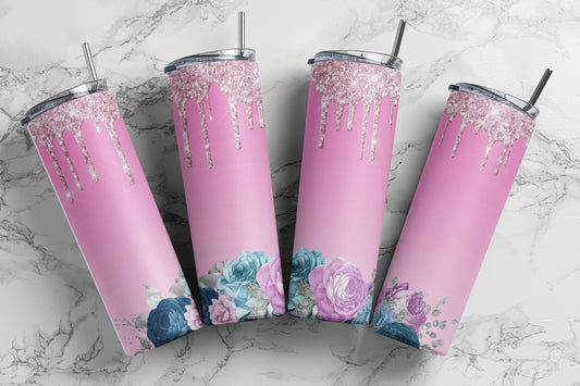 Pink Glitter Roses - 20 oz Insulated Stainless Steel Tumbler with Plastic Leak Resistant Lid and Metal Straw with Straw Cleaning Brush included