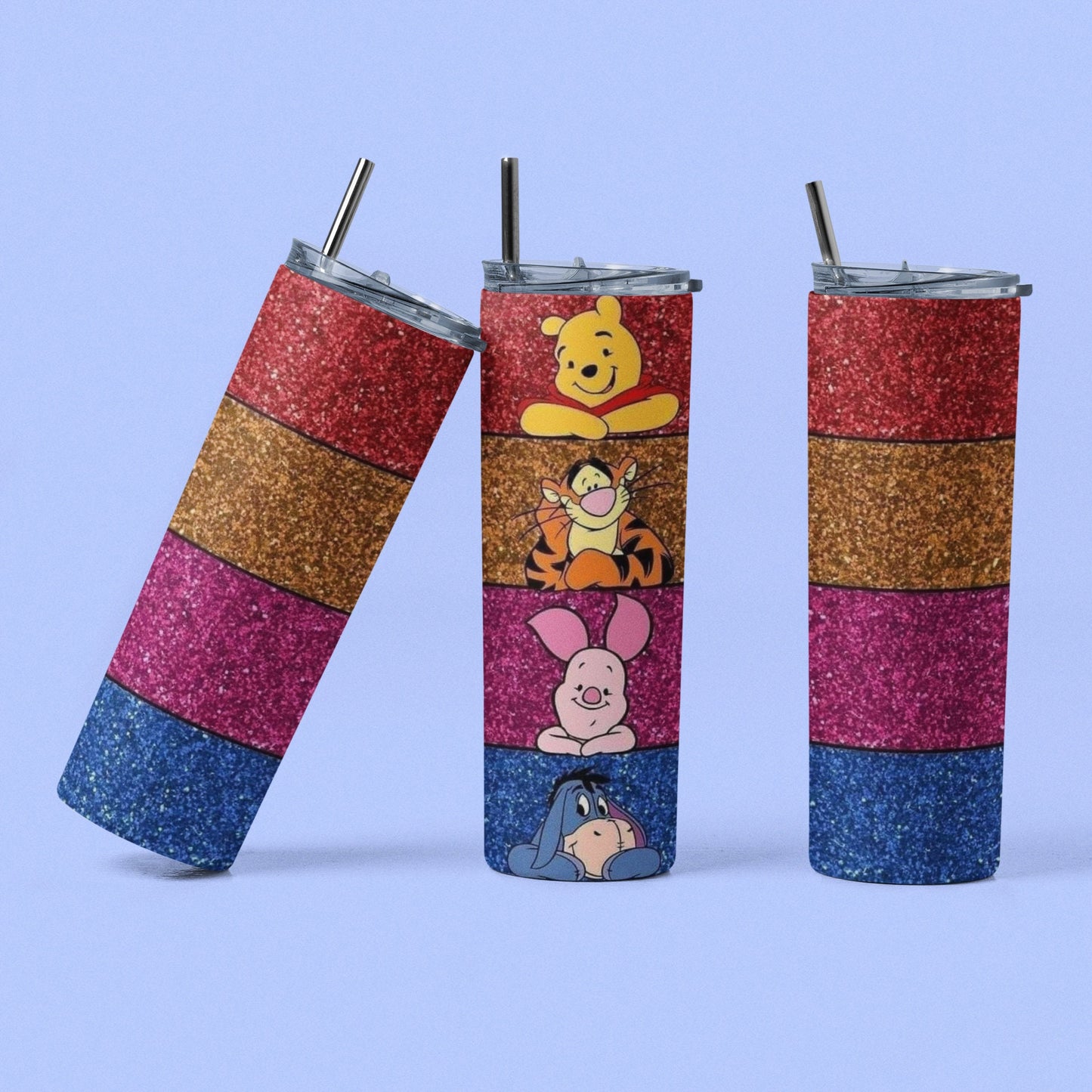 Winnie &amp; Friends Glitter - Vaso aislado de acero inoxidable de 20 oz con tapa de plástico resistente a fugas y pajita de metal con cepillo de limpieza de pajita incluido