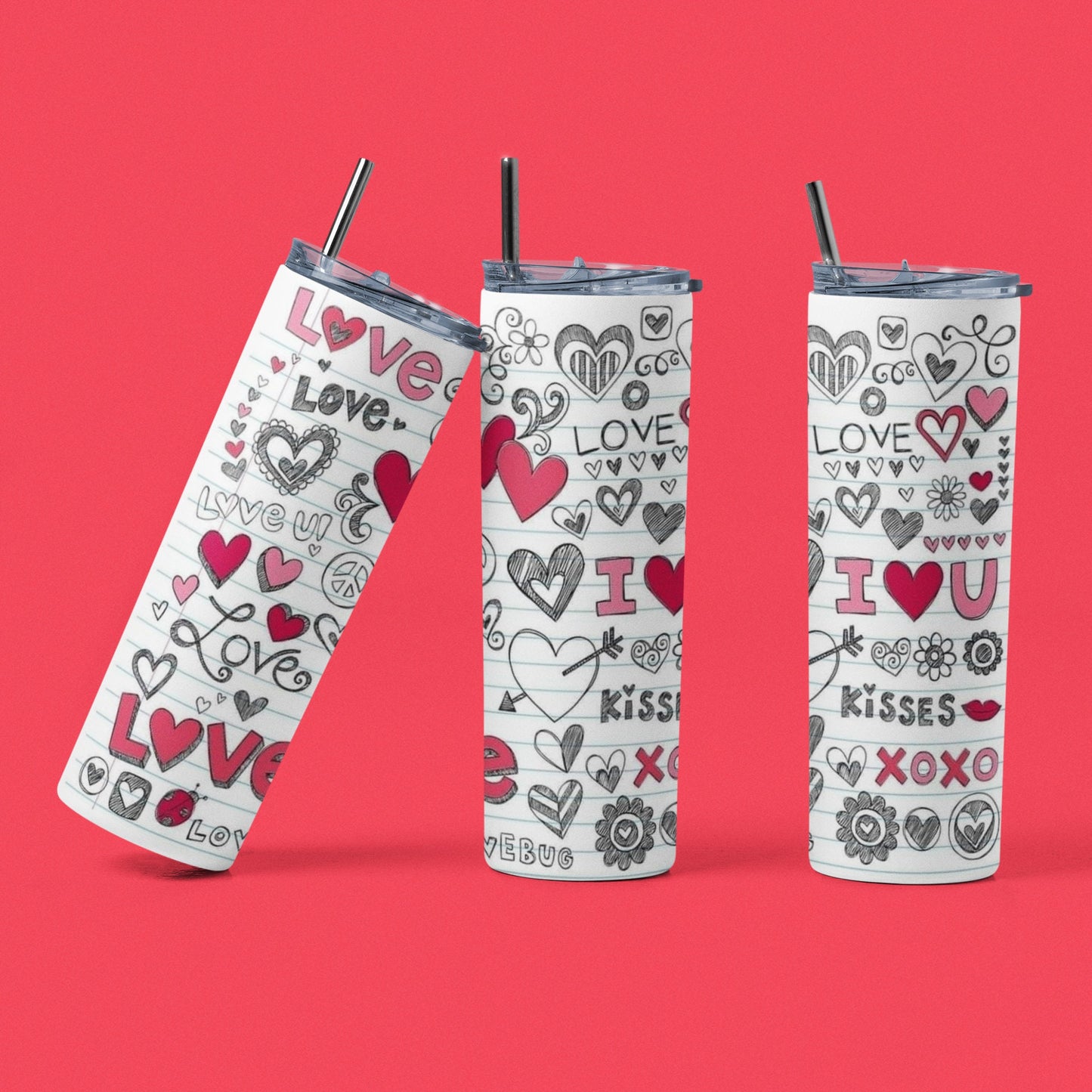 I Love You Doodles - Vaso aislado de acero inoxidable de 20 oz con tapa de plástico resistente a fugas y pajita de metal con cepillo de limpieza para pajita incluido