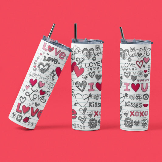 I Love You Doodles - 20 oz Insulated Stainless Steel Tumbler with Plastic Leak Resistant Lid and Metal Straw with Straw Cleaning Brush included