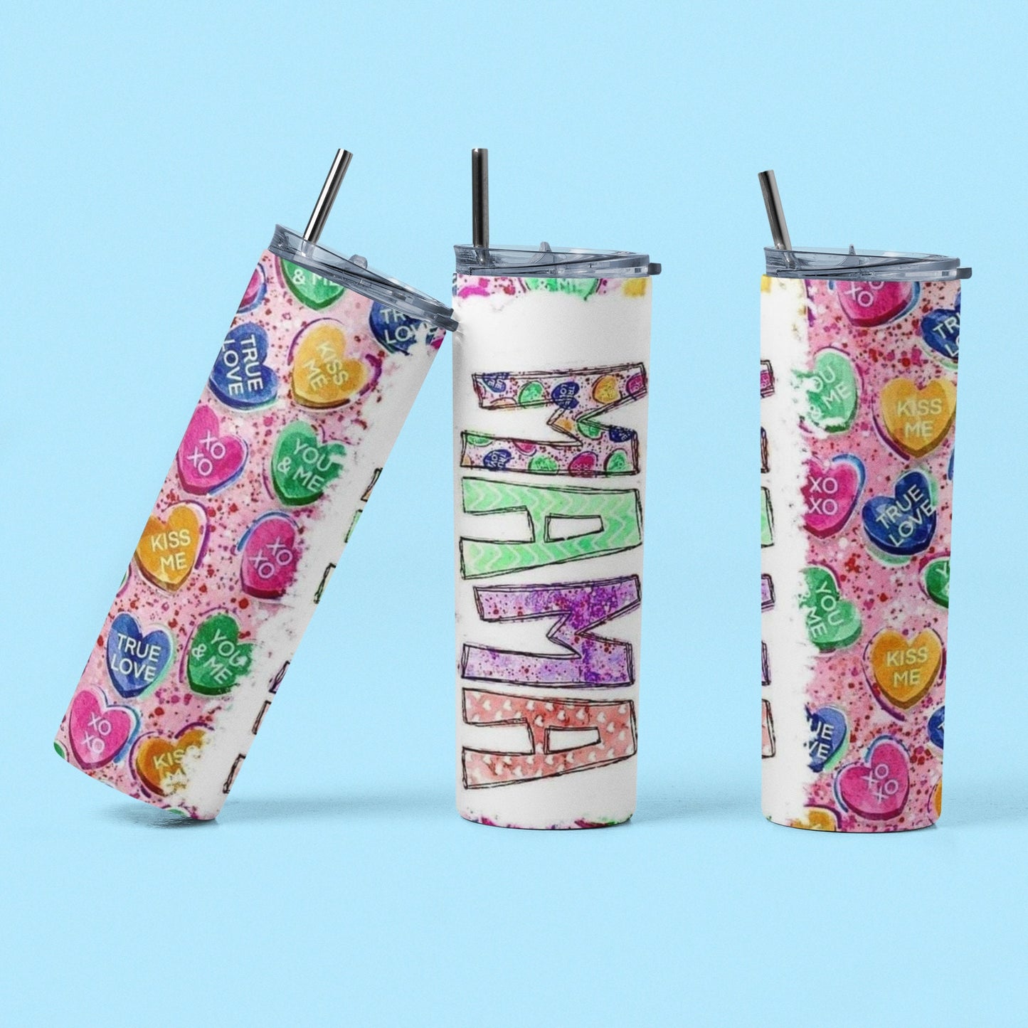 Mama Conversation Hearts - Vaso de acero inoxidable aislado de 20 oz con tapa de plástico resistente a fugas y pajita de metal con cepillo de limpieza de pajita incluido