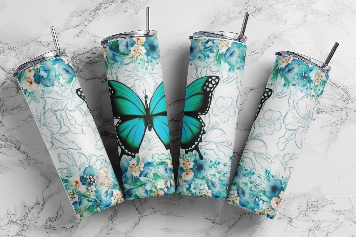 Aqua Butterfly and Flowers - 20 oz Insulated Stainless Steel Tumbler with Plastic Leak Resistant Lid and Metal Straw with Straw Cleaning Brush included