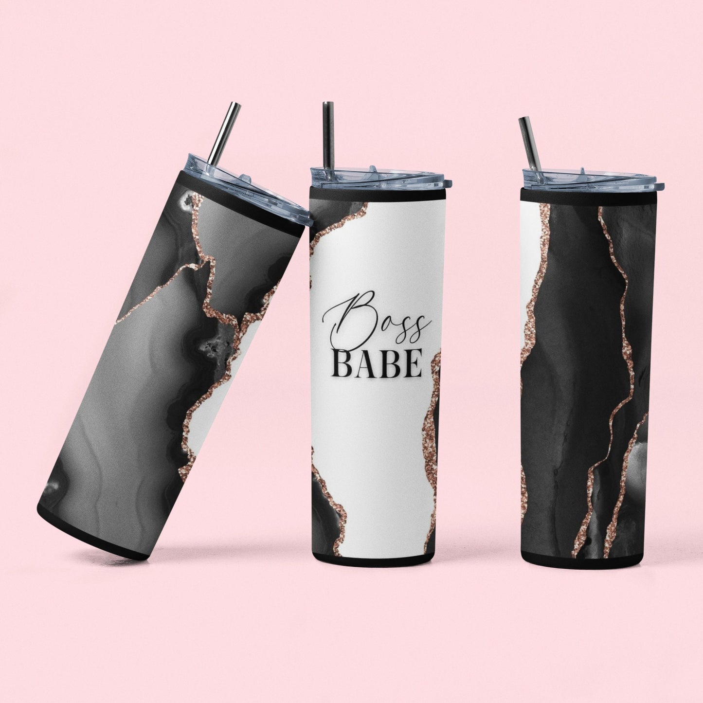 Boss Babe - Vaso aislado de acero inoxidable de 20 oz con tapa de plástico resistente a fugas y pajita de metal con cepillo de limpieza para pajitas incluido