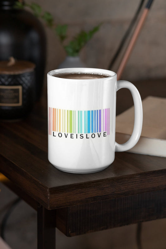 Love Is Love Rainbow Barcode - 15 oz Ceramic Mug Enamel Coated with handle. design printed on both sides